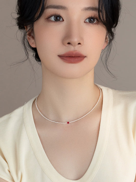 Pearl Necklace Burgundy Crystal Small and Extremely Fine Chain Women's Simple and Versatile Design