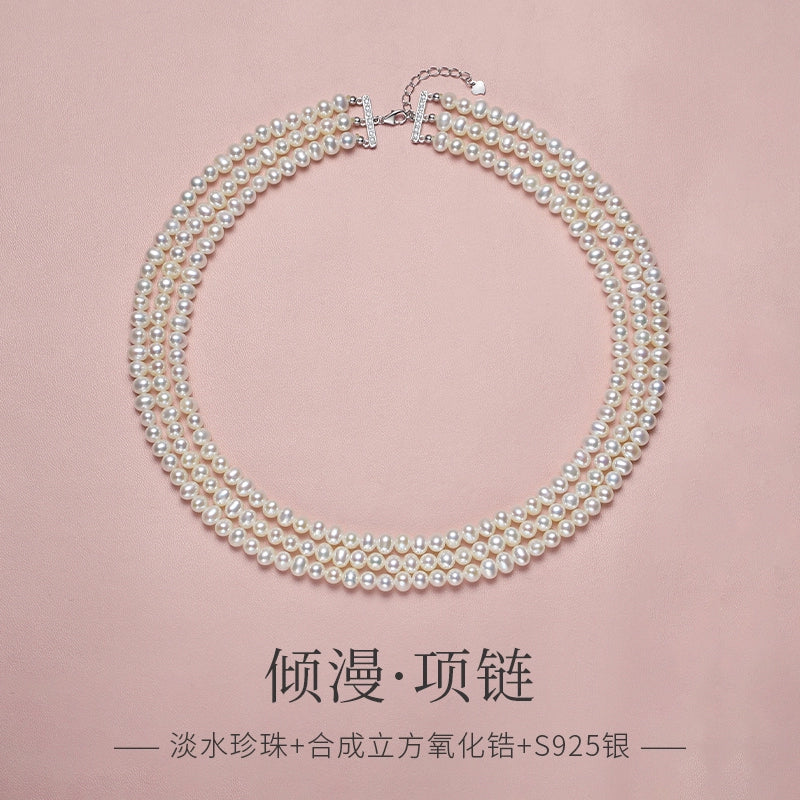 Pearl necklace women's 2025 new popular natural freshwater three-layer multi-layer sweater chain retro stacking