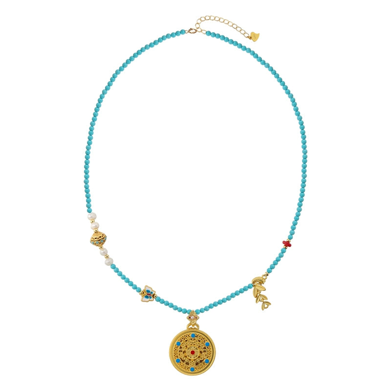 New Chinese style compass pendant, turquoise necklace, women's pearl sweater chain, new explosion