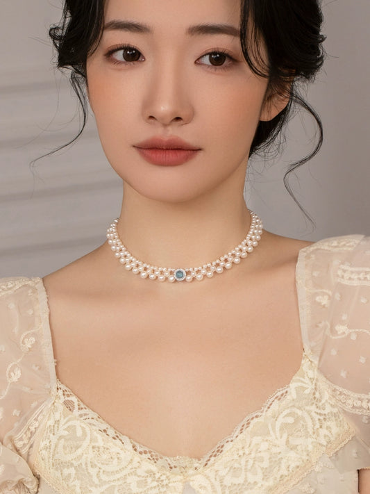 Freshwater Pearl Necklace Women's Design Aquamarine Chain