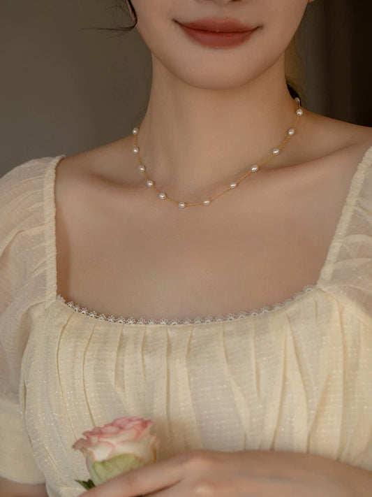 Beautiful Gypsy Pearl Chain Necklace 14K Gold Versatile Girls Gift