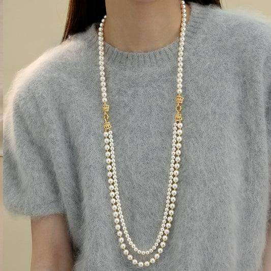 Shi's pearl necklace, women's French double-layer one, wear more long sweater chains