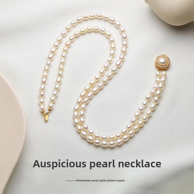 Double pearl necklace collarbone ladies rice grain freshwater beads elegant retro sweater chain 2025 new lettering