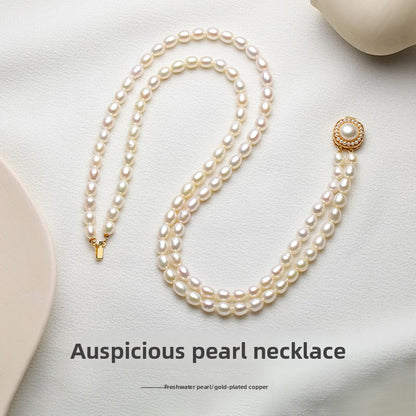 Double pearl necklace collarbone ladies rice grain freshwater beads elegant retro sweater chain 2025 new lettering