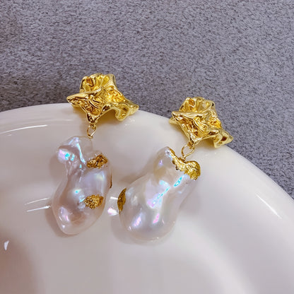 Natural special-shaped fishtail large baroque pearl necklace gold foil handicraft large pearl plain chain women