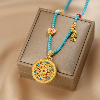 New Chinese style compass pendant, turquoise necklace, women's pearl sweater chain, new explosion
