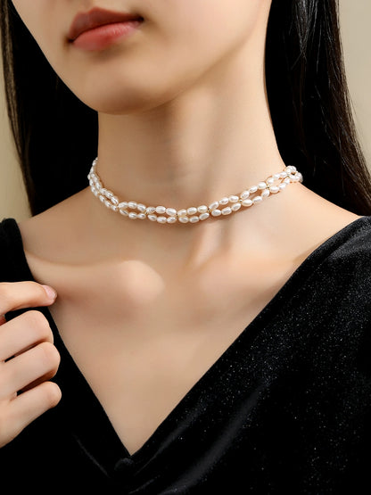Pearl necklace 2025 new popular genuine women's natural freshwater double-layer rice bead French dress