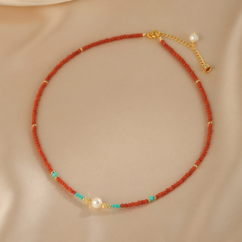 Agate necklace French retro natural pearl neck chain high-end turquoise beaded collarbone chain