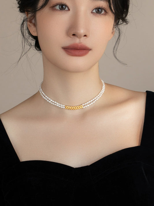 Small rice grain pearl necklace double-layer simple design sense 2024 new chain