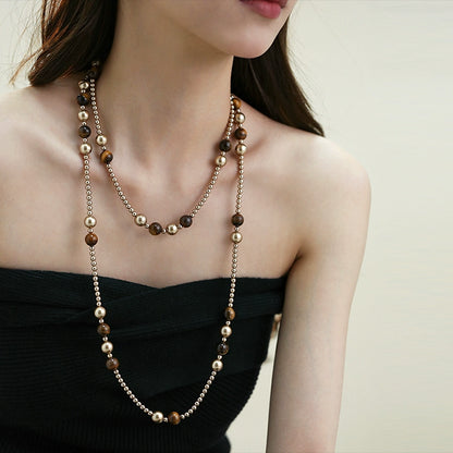 Pearl Necklace Ladies Autumn and Winter New Merad Tiger's Eye Beaded Long Sweater Chain