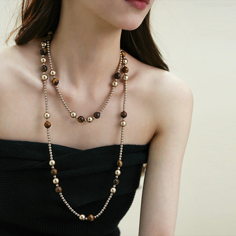 Pearl Necklace Ladies Autumn and Winter New Merad Tiger's Eye Beaded Long Sweater Chain