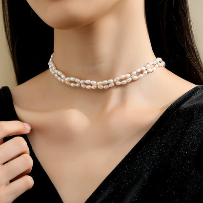 Pearl necklace 2025 new popular genuine women's natural freshwater double-layer rice bead French dress
