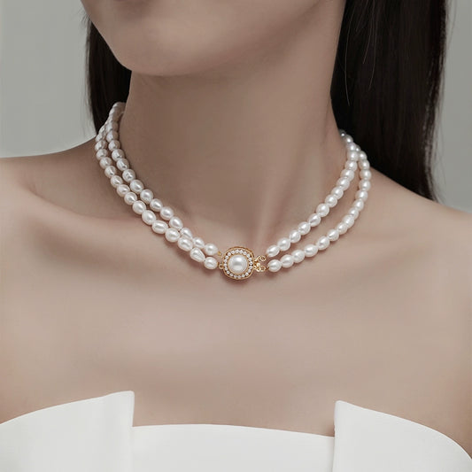 Double pearl necklace collarbone ladies rice grain freshwater beads elegant retro sweater chain 2025 new lettering