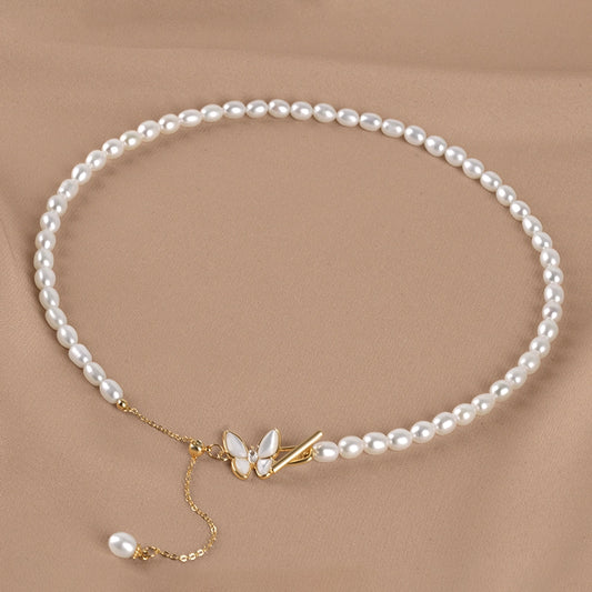 Natural freshwater pearl necklace bow buckle rice beads ins fringed temperament collarbone chain XL062