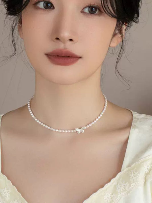 Natural Pearl Small Necklace S925 Silver Mini Butterfly Stacked Belt Chain
