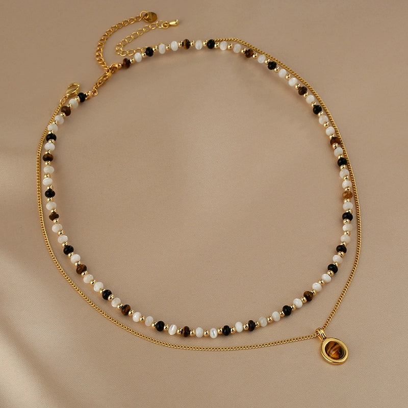 Double Stacked Fritillary Necklace Ladies Vintage Tiger's Eye Pendant Agate