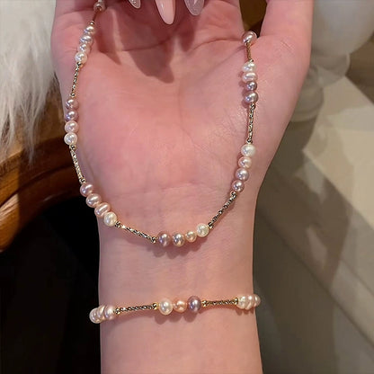 Natural Pearl Necklace Bracelet Set Delicate Pink Pearl Splicing Premium Bracelet