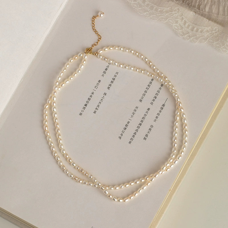 Small rice grain natural pearl necklace double layer ladies choker French retro tide