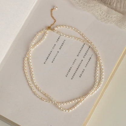 Small rice grain natural pearl necklace double layer ladies choker French retro tide