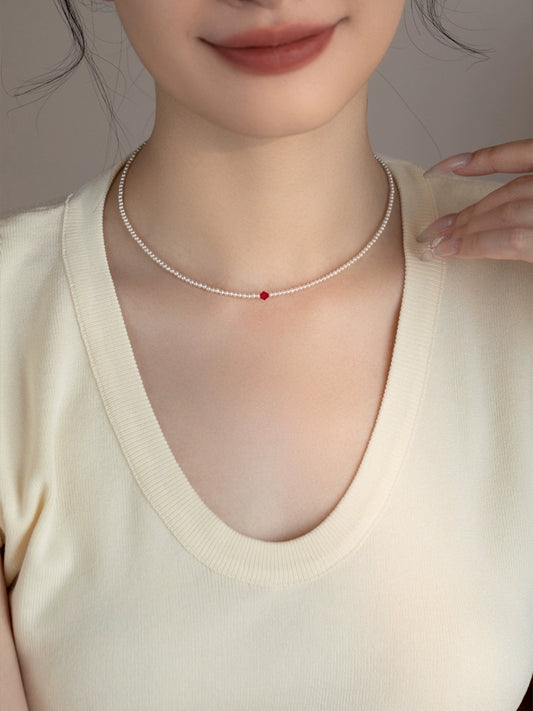Pearl Necklace Burgundy Crystal Small and Extremely Fine Chain Women's Simple and Versatile Design