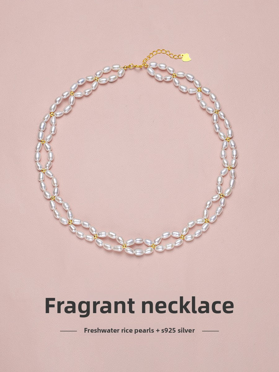 Pearl necklace 2025 new popular genuine women's natural freshwater double-layer rice bead French dress