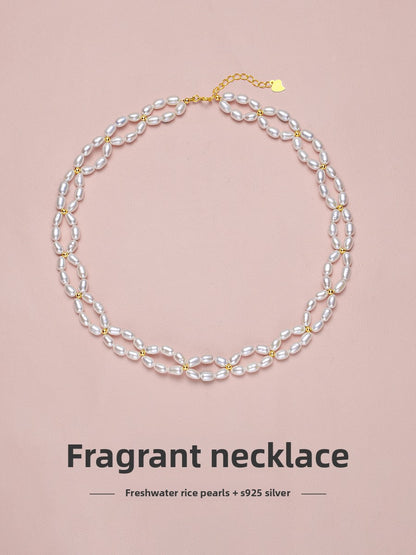 Pearl necklace 2025 new popular genuine women's natural freshwater double-layer rice bead French dress