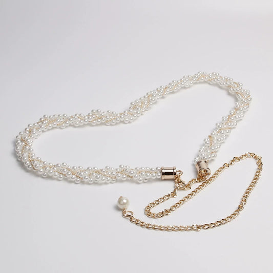 Korean version of fashion sweet little pearl weave women's dress accessories waist chain elegant metal decoration strap summer