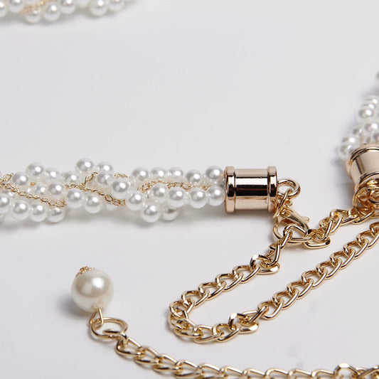 Korean version of fashion sweet little pearl weave women's dress accessories waist chain elegant metal decoration strap summer