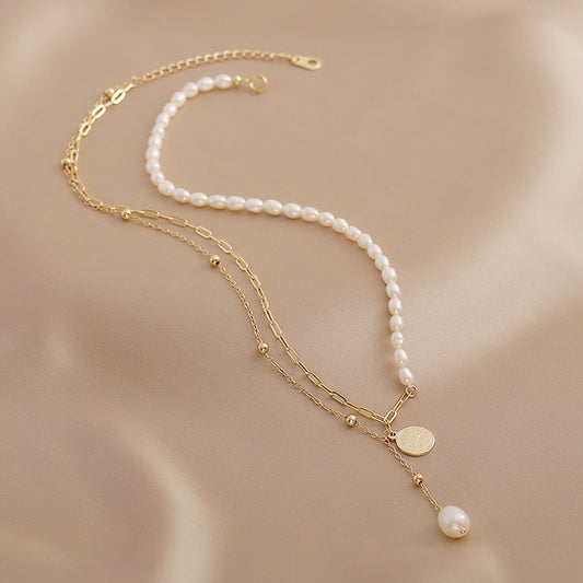 Natural Freshwater Pearl Necklace Double Layer Stacked Chain