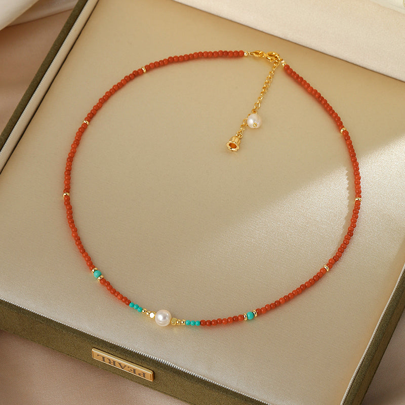 Agate necklace French retro natural pearl chain high-end turquoise beaded