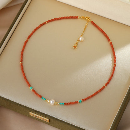 Agate necklace French retro natural pearl chain high-end turquoise beaded