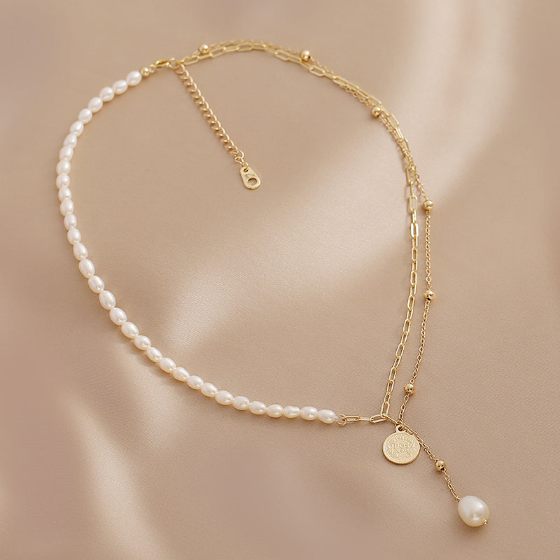 Natural Freshwater Pearl Necklace Double Layer Stacked Chain