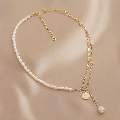 Natural Freshwater Pearl Necklace Double Layer Stacked Chain