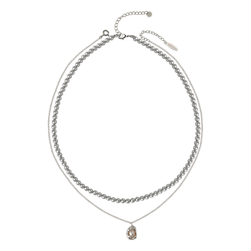 Double-layer stacked  round pearl necklace women's simple fashion S925 sterling silver