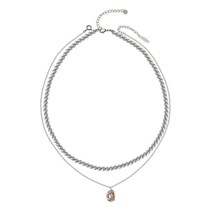 Double-layer stacked  round pearl necklace women's simple fashion S925 sterling silver