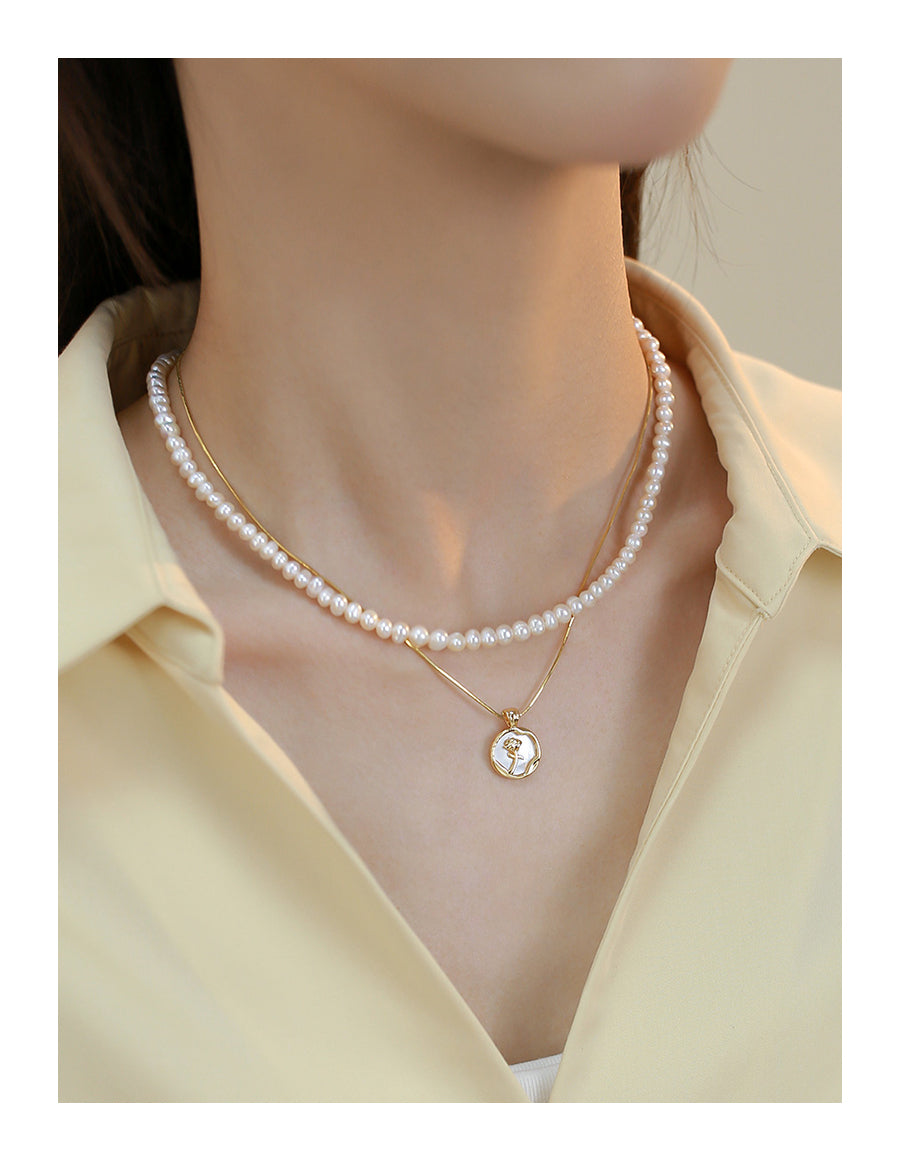 Double stacked natural freshwater pearl necklace female niche design rose pendant neck chain