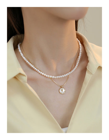 Double stacked natural freshwater pearl necklace female niche design rose pendant neck chain