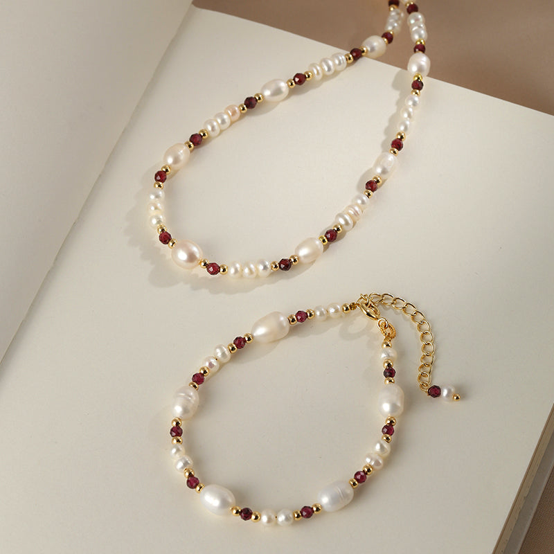 Natural pearl bracelet necklace set female French garnet jewelry collarbone chain