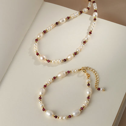 Natural pearl bracelet necklace set female French garnet jewelry collarbone chain