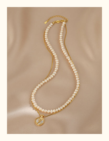 Double stacked natural freshwater pearl necklace female niche design rose pendant neck chain