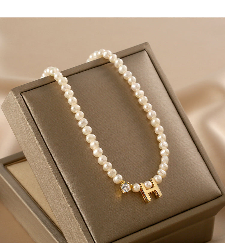Natural pearl necklace women's letter pendant chain