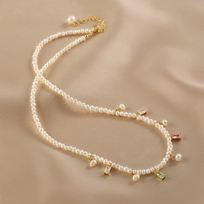 sweet natural pearl necklace small pearl colored crystal  chain