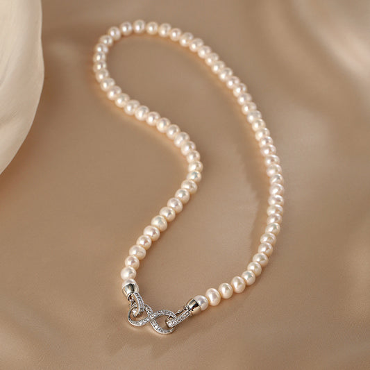 Natural freshwater pearl necklace women's 8-character buckle sweater chain