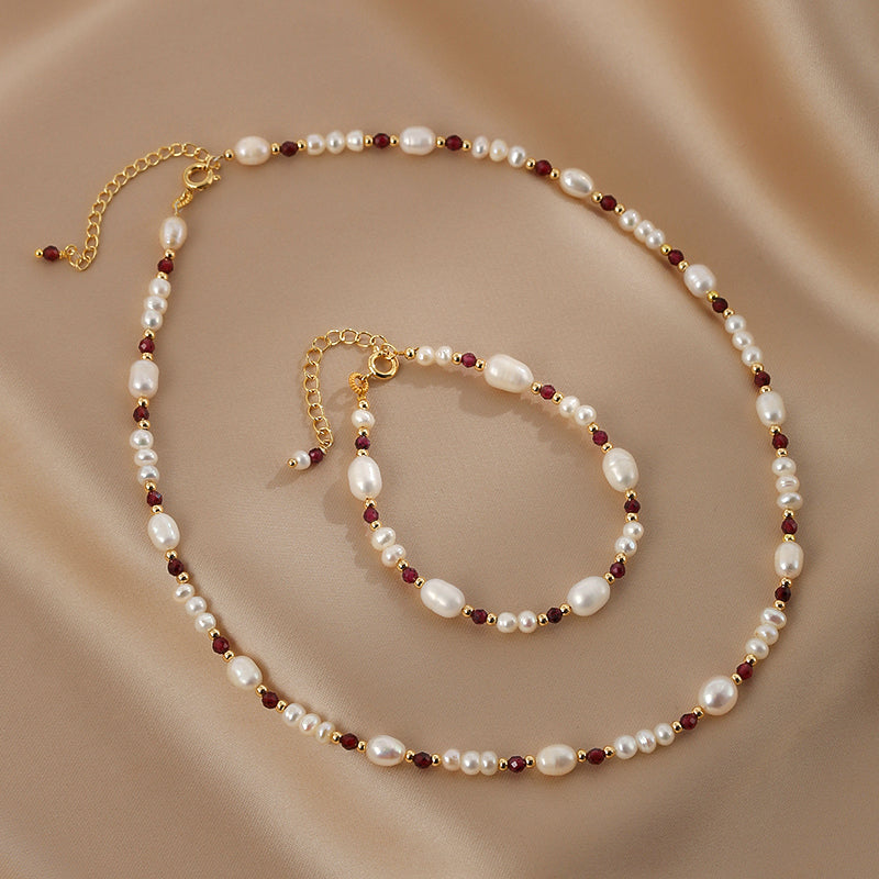 Natural pearl bracelet necklace set female French garnet jewelry collarbone chain