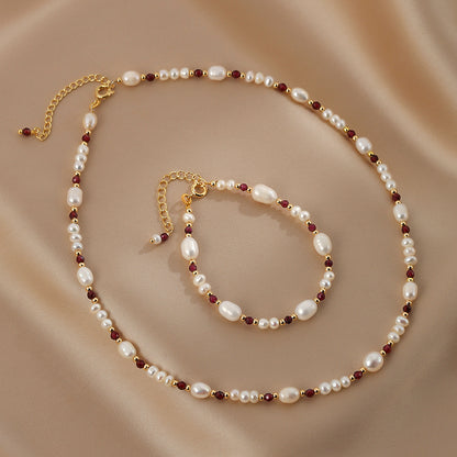 Natural pearl bracelet necklace set female French garnet jewelry collarbone chain
