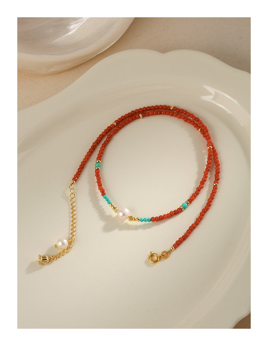 Agate necklace French retro natural pearl chain high-end turquoise beaded