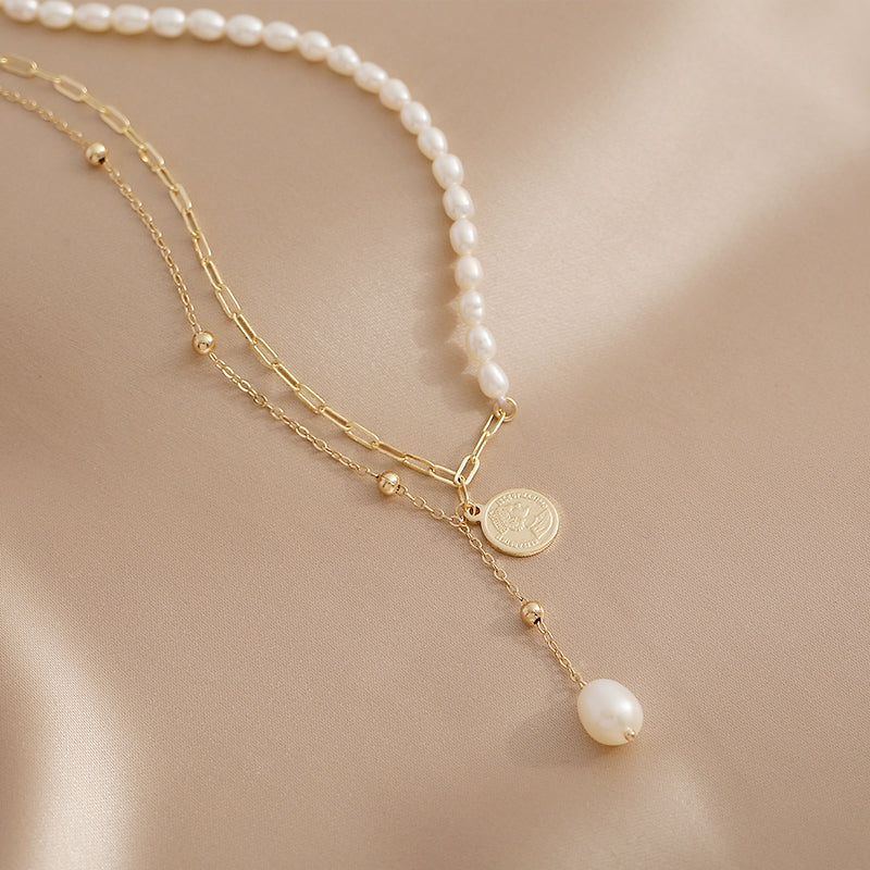 Natural Freshwater Pearl Necklace Double Layer Stacked Chain
