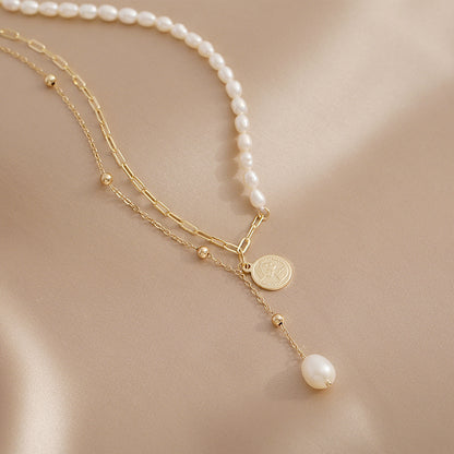 Natural Freshwater Pearl Necklace Double Layer Stacked Chain